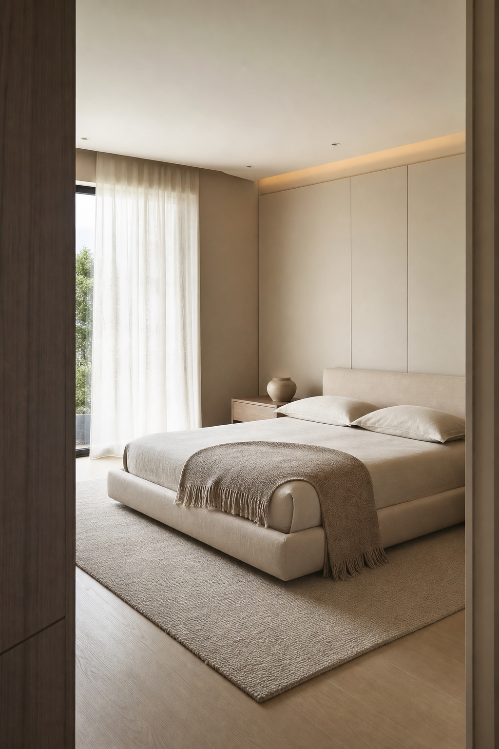 Finished minimalist bedroom with edited surfaces and calm warm neutral styling