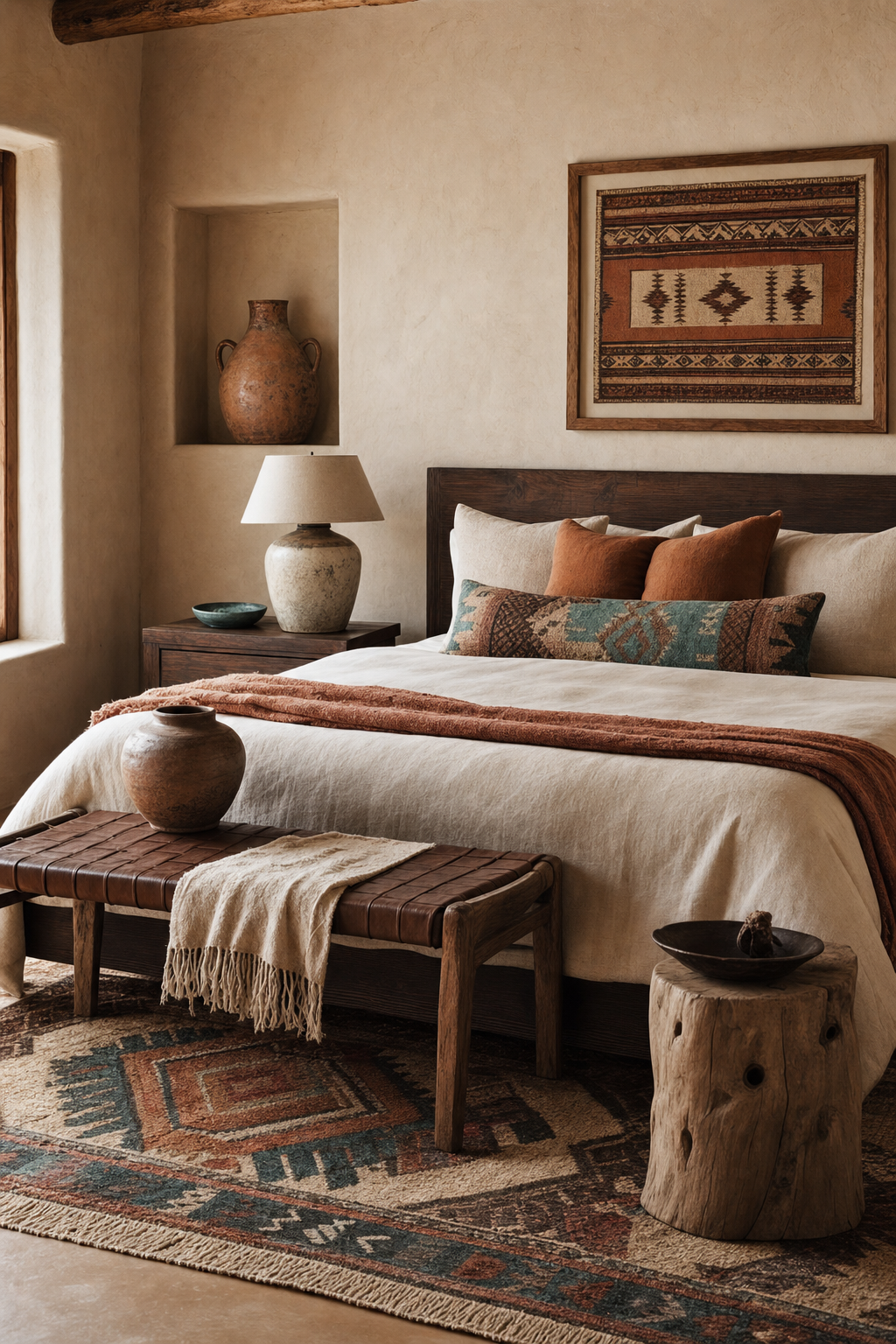 Earthy Southwestern bedroom with clay accents, woven rug, and leather bench