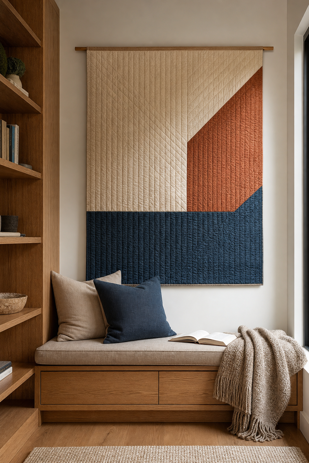 Modern quilted wall hanging above reading bench