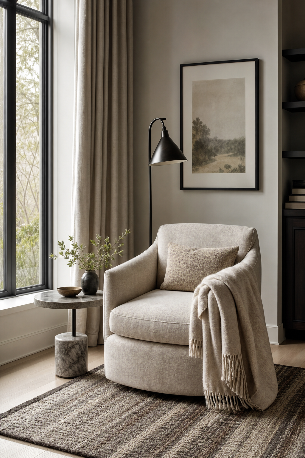 Luxury reading corner with linen club chair, marble side table, and bronze floor lamp