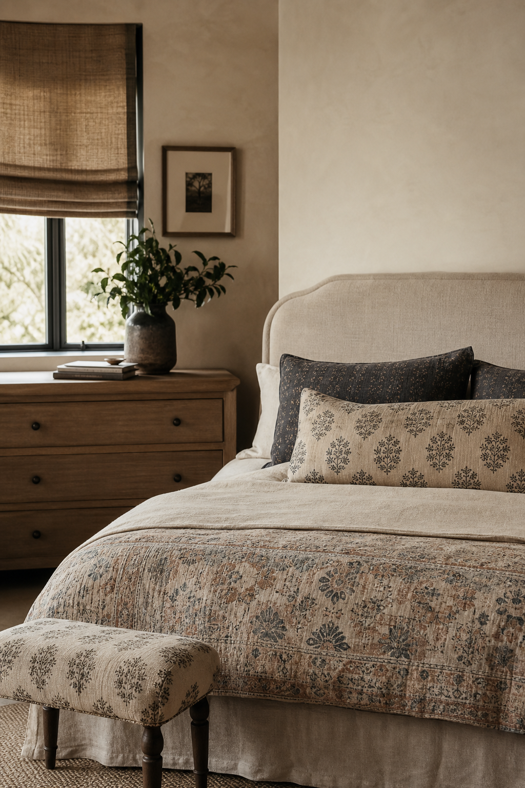 Earthy bedroom with block print pillows, faded quilt, linen roman shade, and oak furniture