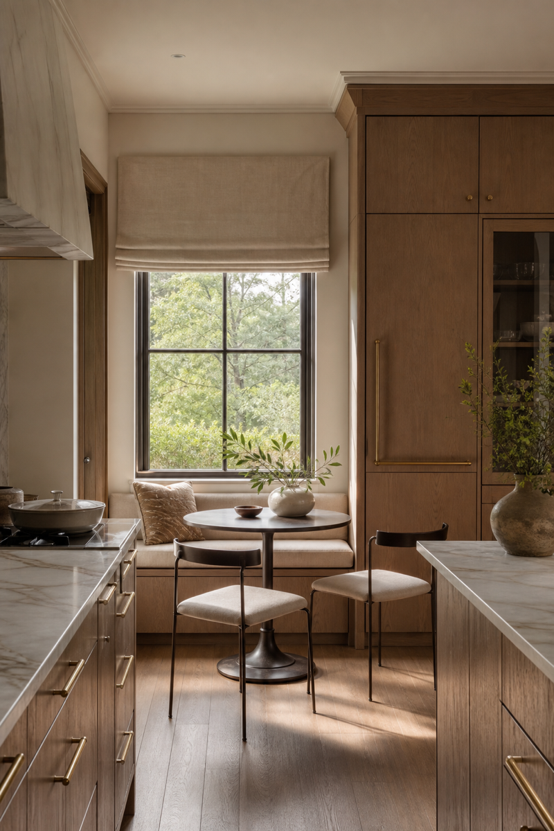 Warm kitchen seating nook near a window with built-in bench