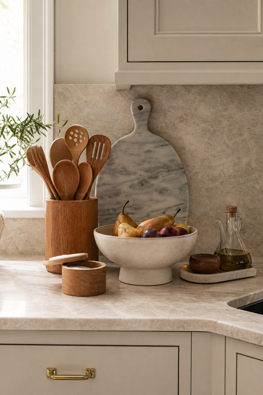 Warm neutral kitchen counter styled with practical everyday objects