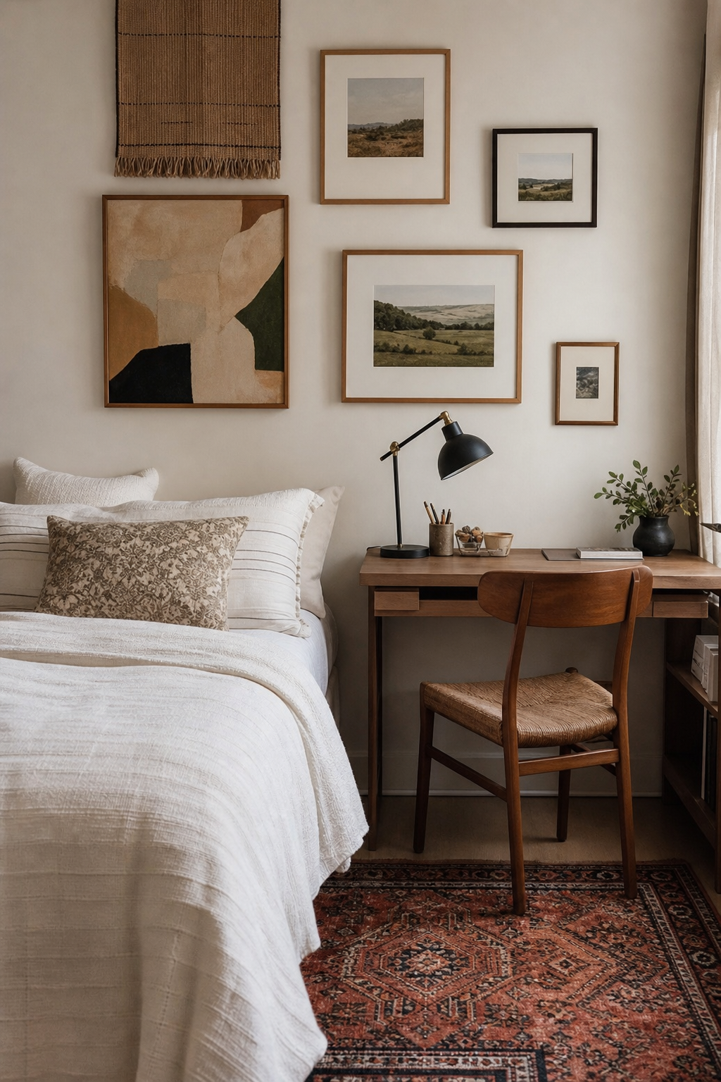 Dorm room with edited personal art above cream bedding and desk