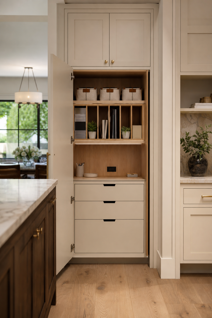 Open kitchen with hidden storage for family drop-zone items
