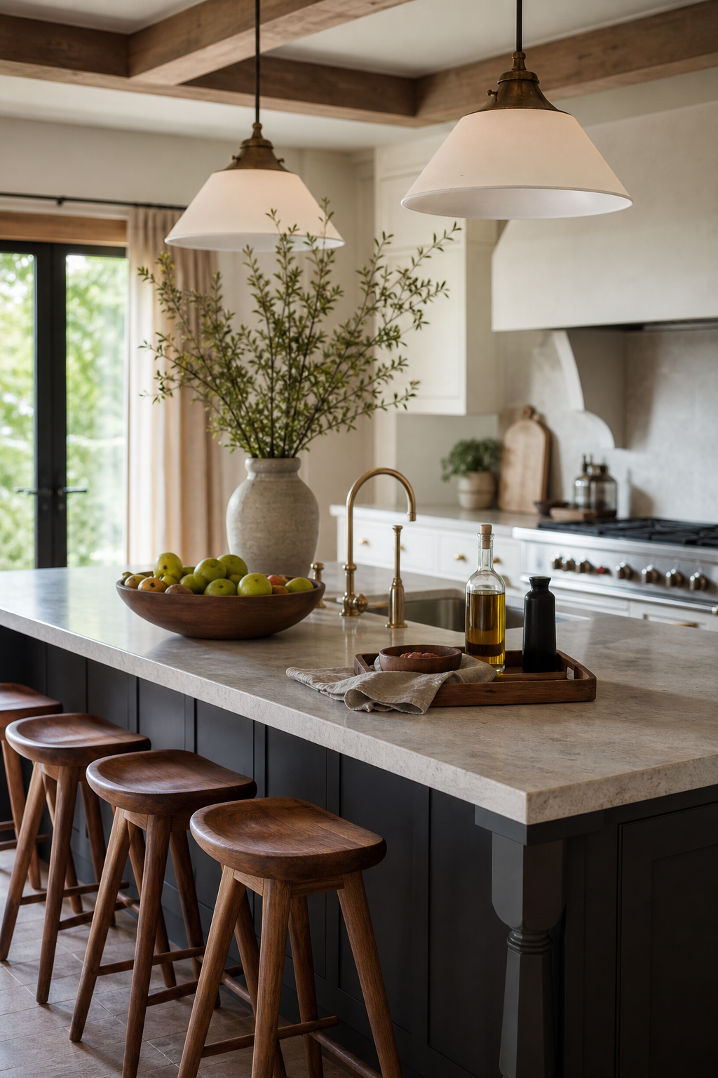 Cozy kitchen island with fruit bowl, branches, tray, and clear prep space