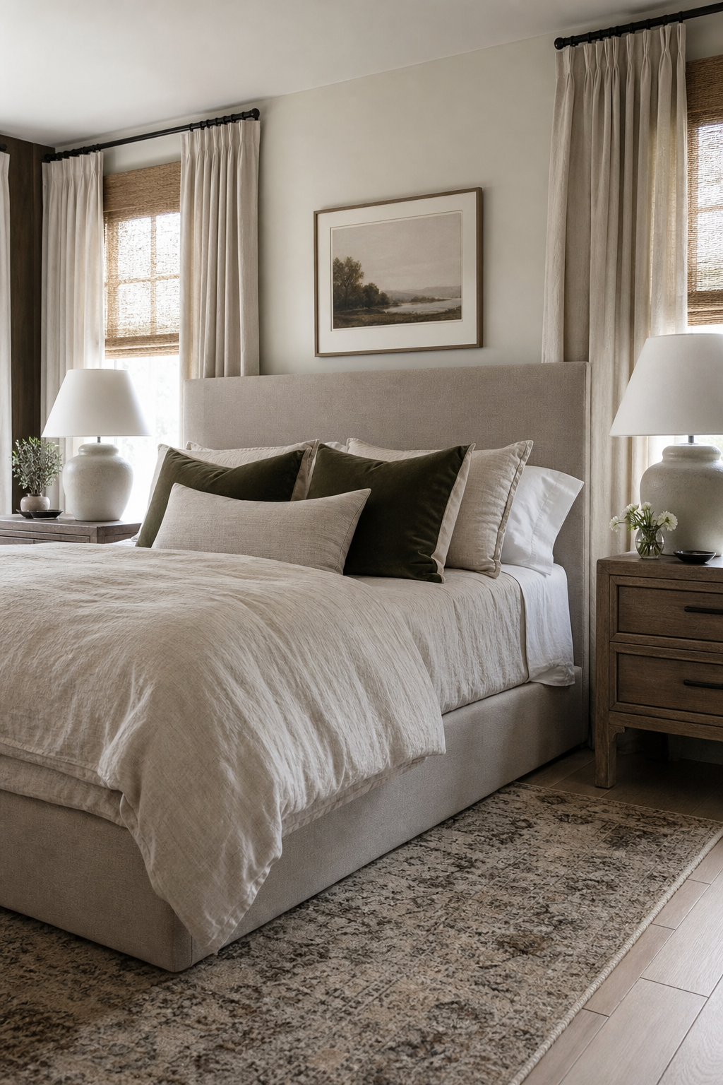 Transitional neutral bedroom with greige upholstered bed, layered textiles, and woven shades