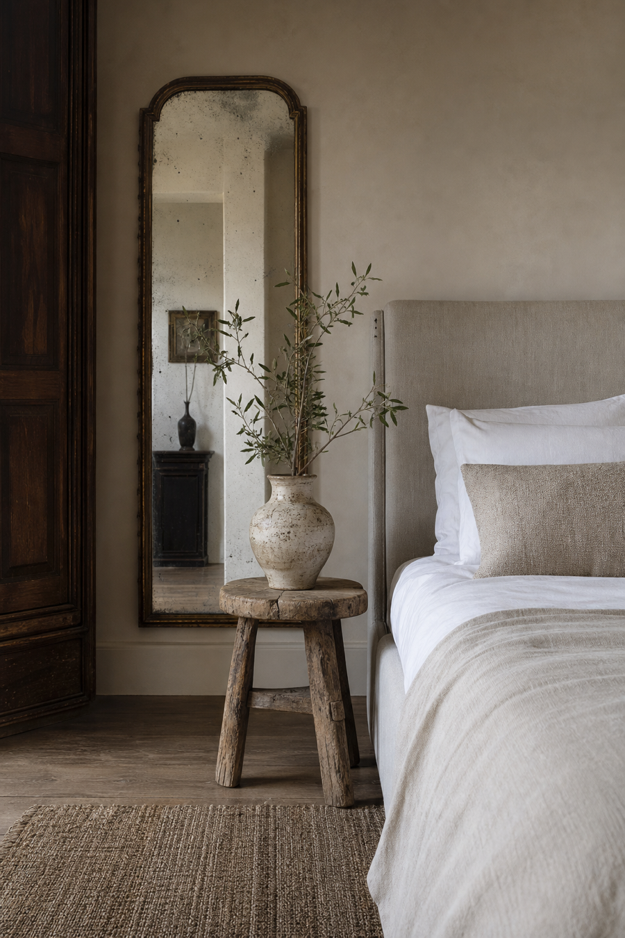 Dream room mixing vintage decor with modern upholstery