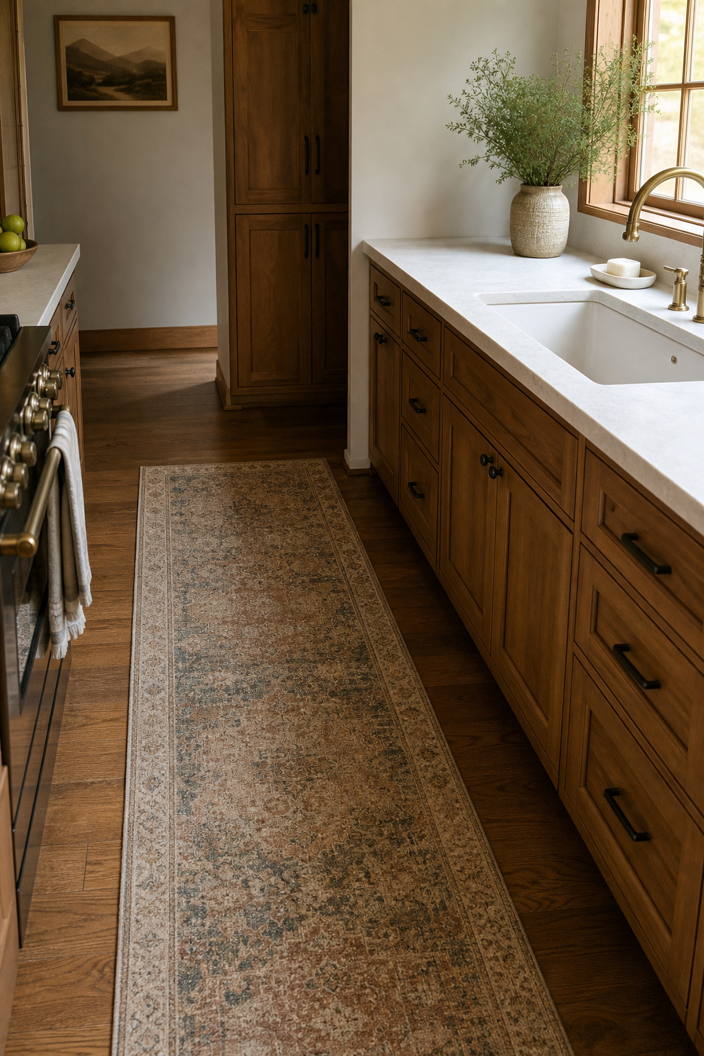 Simple warm kitchen with low-profile washable runner, wood cabinets, and clear walkway