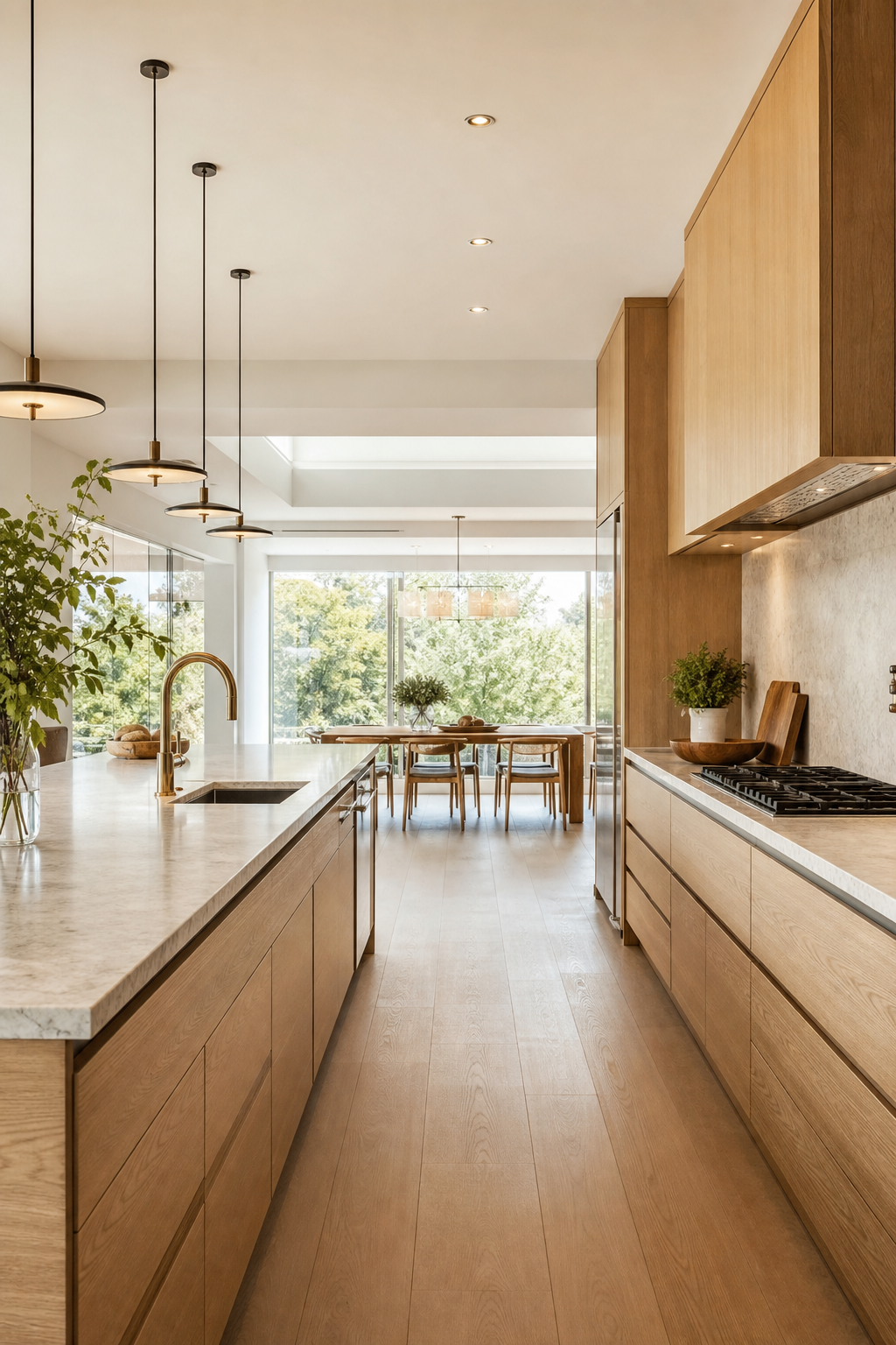 Functional modern open-plan kitchen with central island, pantry wall, and clear circulation