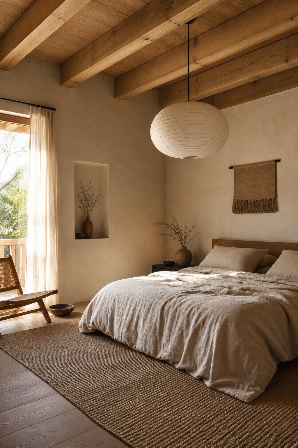 Japandi bedroom with bring Warmth Through Ceiling Beams