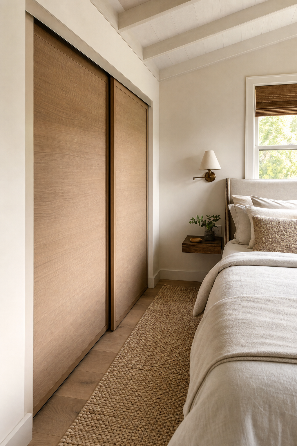 Small bedroom with sliding wood closet doors creating a clearer path around the bed