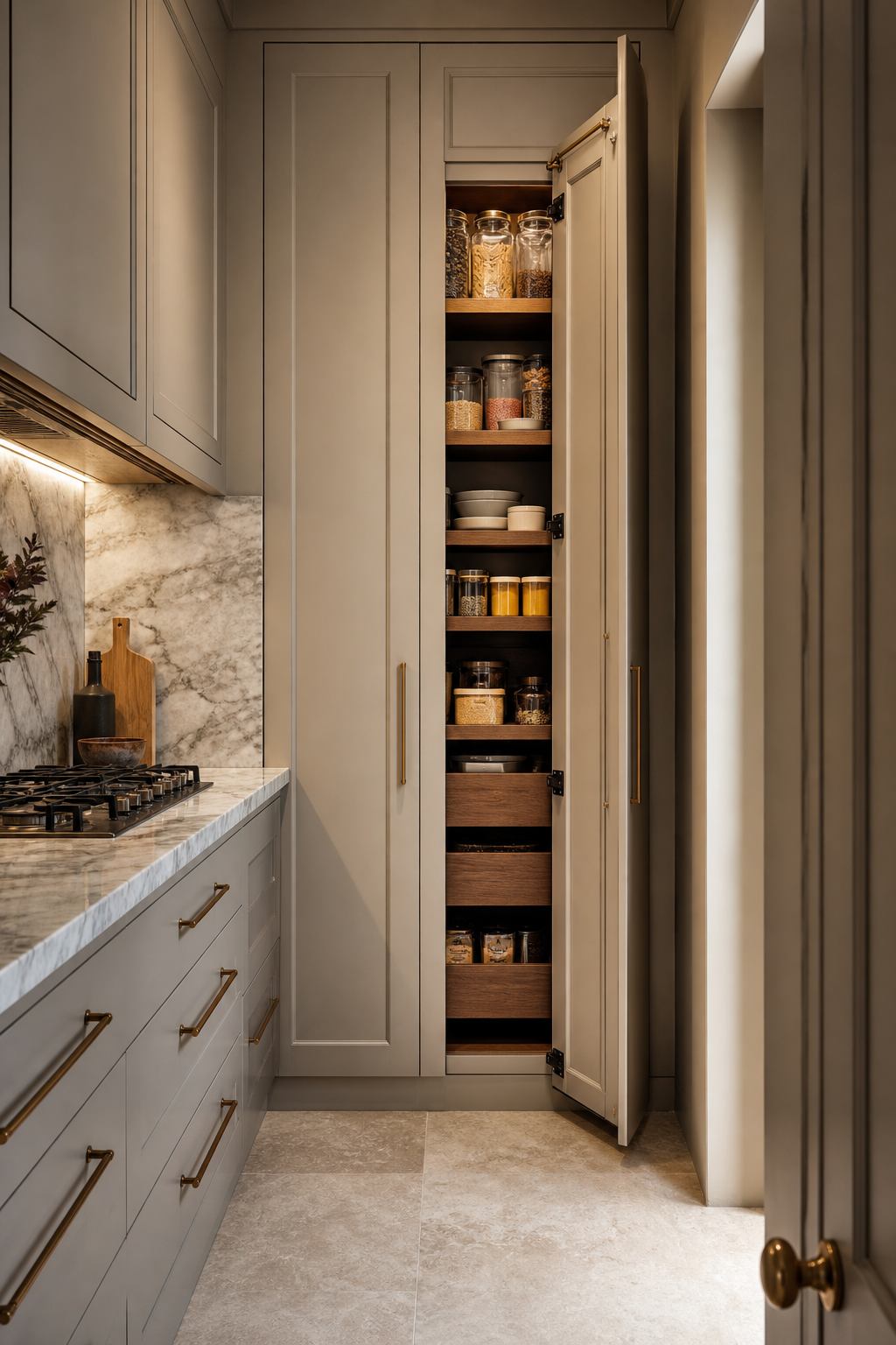 Very small kitchen with floor-to-ceiling mushroom pantry cabinets and organized interior storage