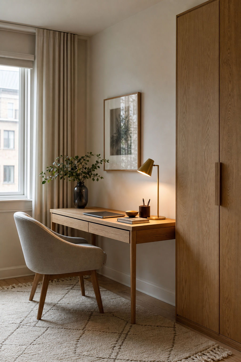Scandinavian work nook with oak desk and warm task lamp