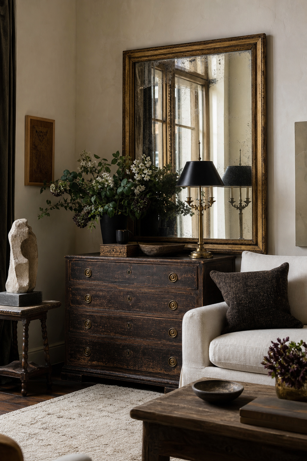 Layered luxury living room with vintage wood chest, antique mirror, contemporary art, and refined collected decor