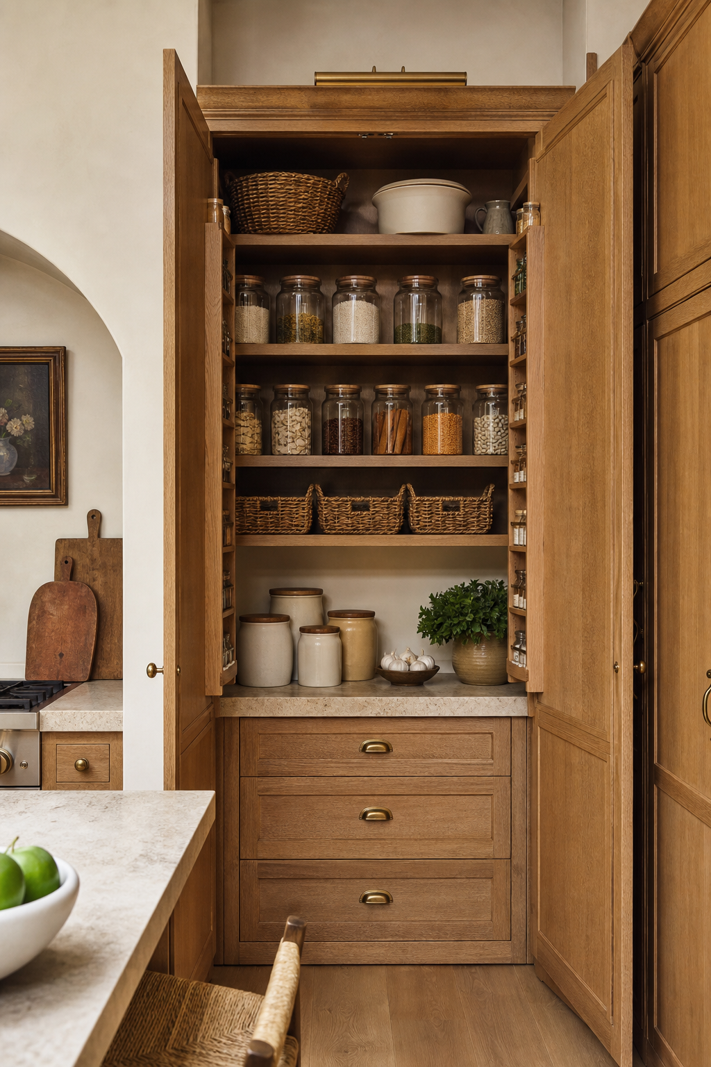 a pantry zone that feels designed in a warm functional kitchen
