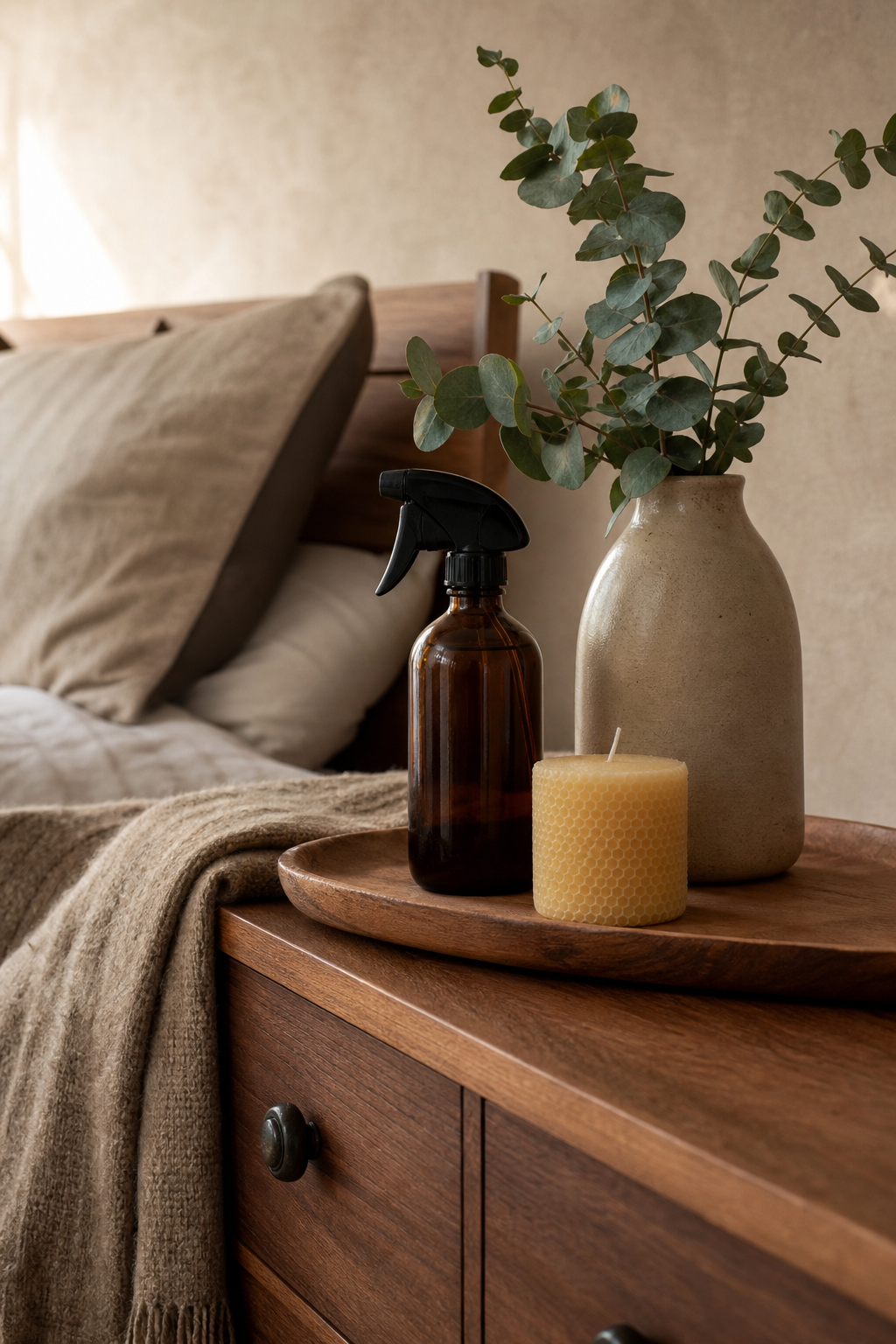 Natural materials and subtle scent details in a cozy bedroom retreat