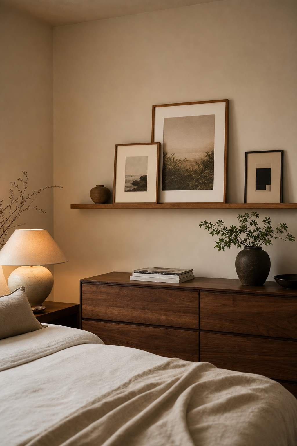 Personal bedroom dresser wall with picture ledge and layered framed art