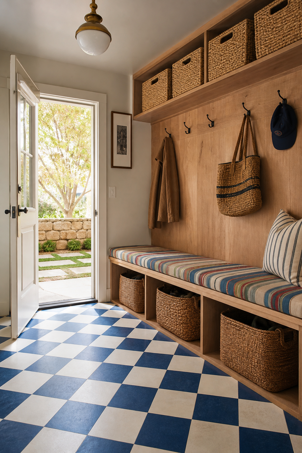 Luxury mudroom with cobalt checkerboard tile, oak built-ins, woven baskets, and brass hardware