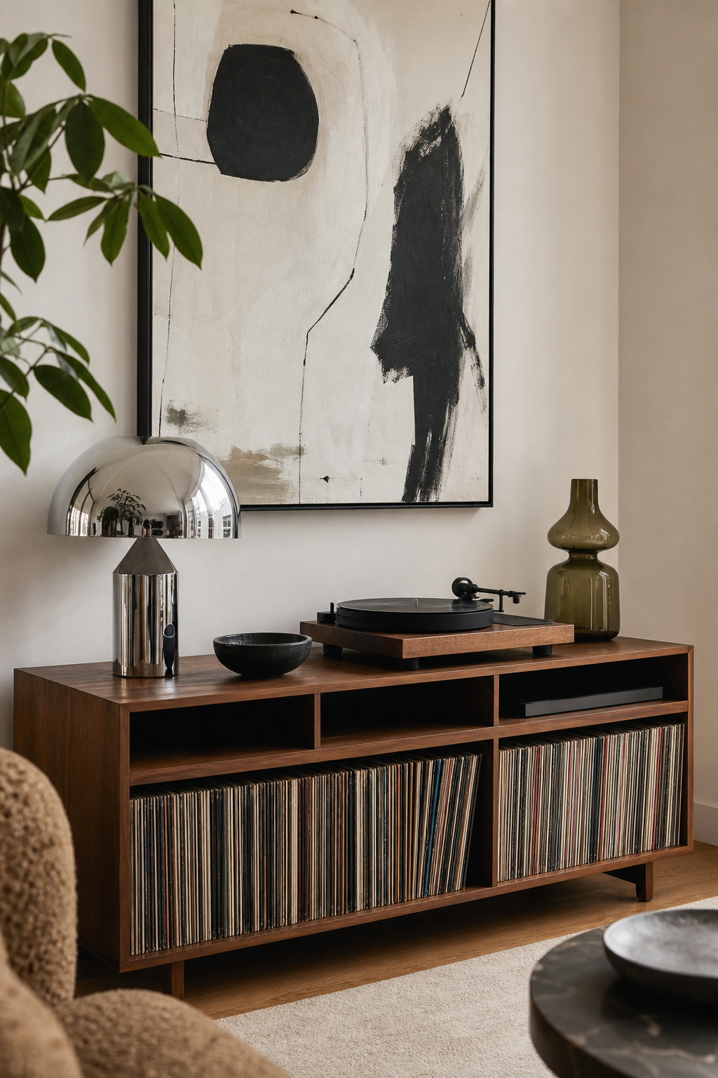 Walnut record console styled as a modern listening corner