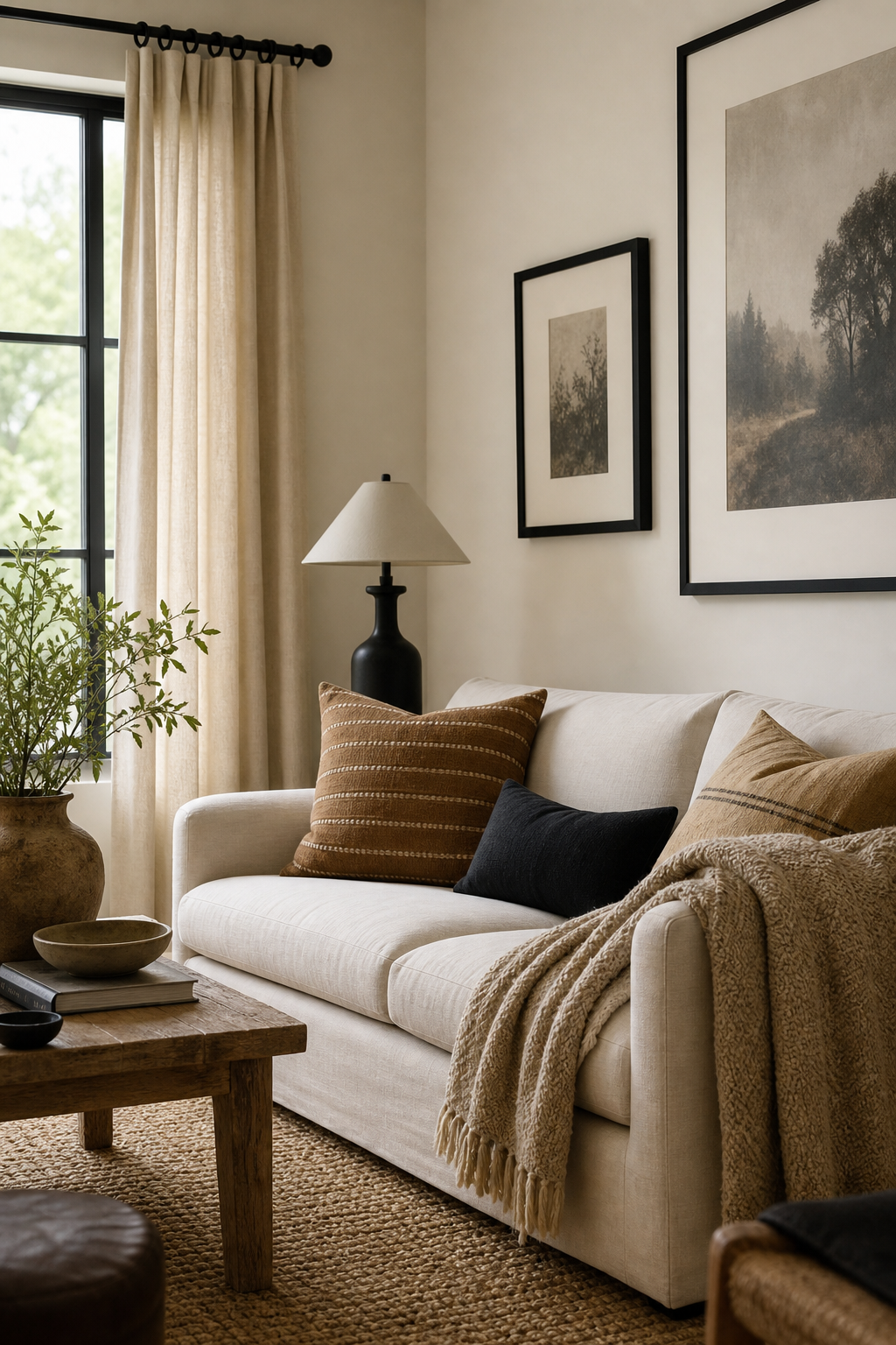 Small black accents sharpening a warm neutral boho living room