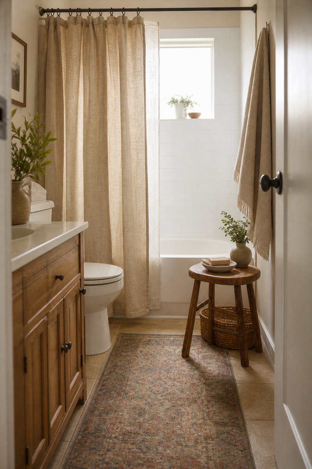 Rental bathroom softened with runner fabric curtain and warm styling