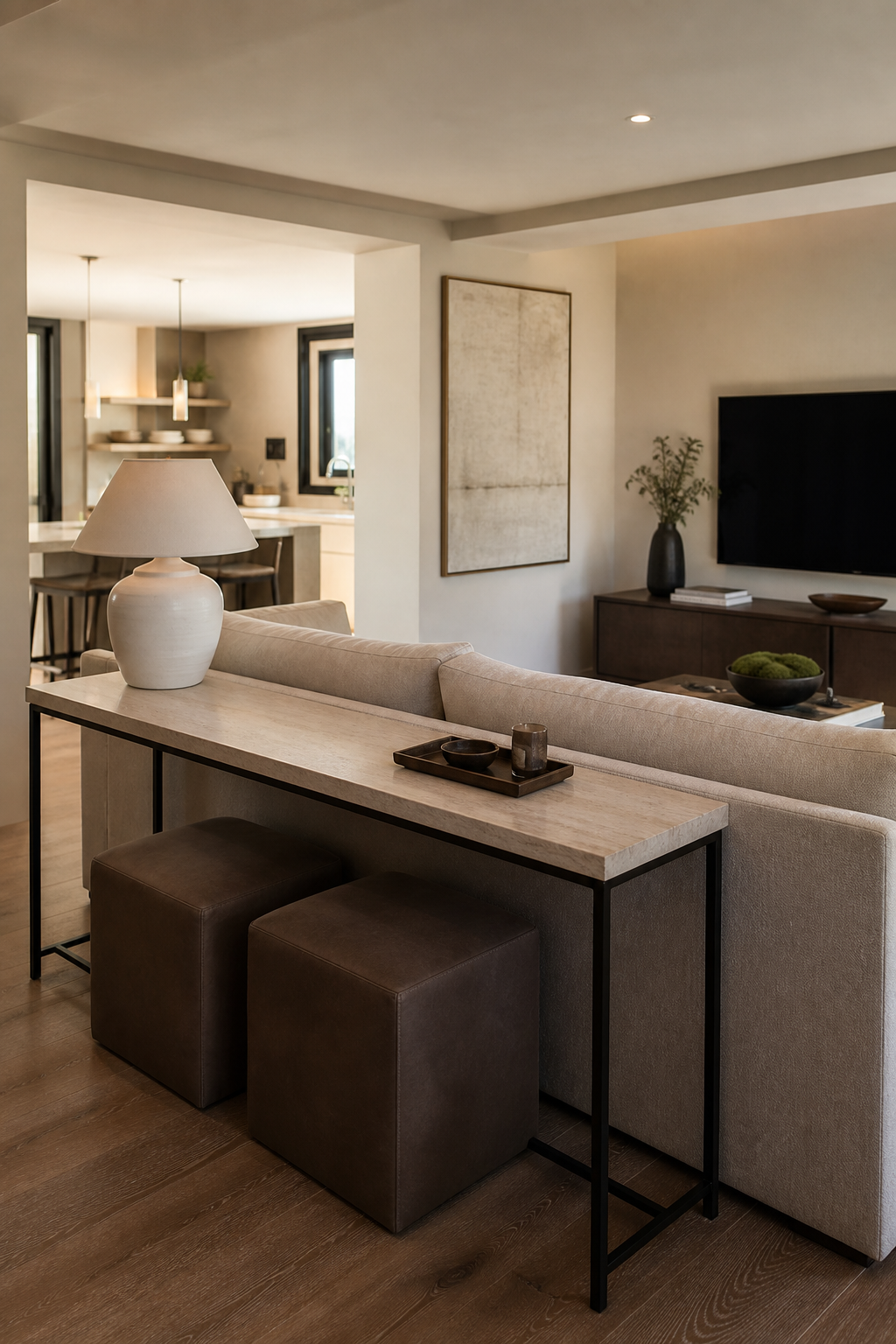 Small living room with slim console behind sofa
