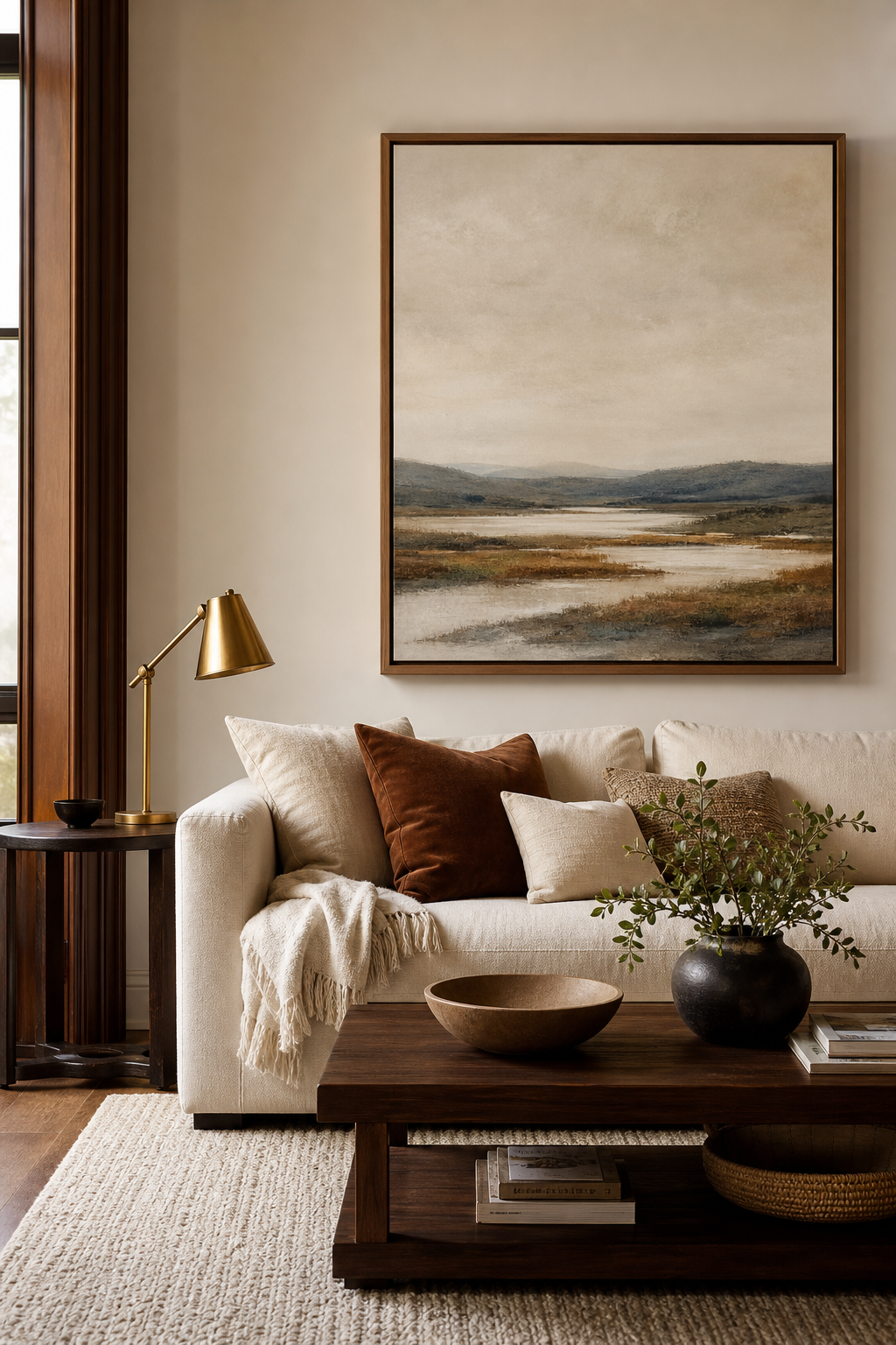 Large framed artwork above a cream sofa setting the mood in a small apartment