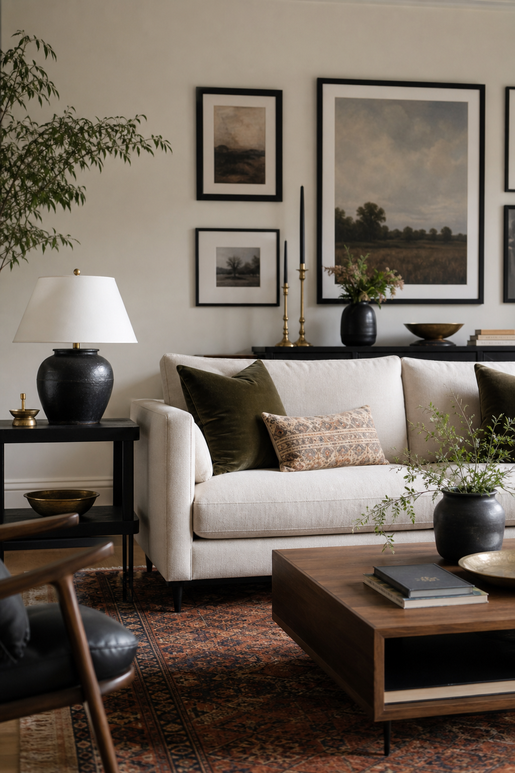 Black accents repeated across an eclectic living room