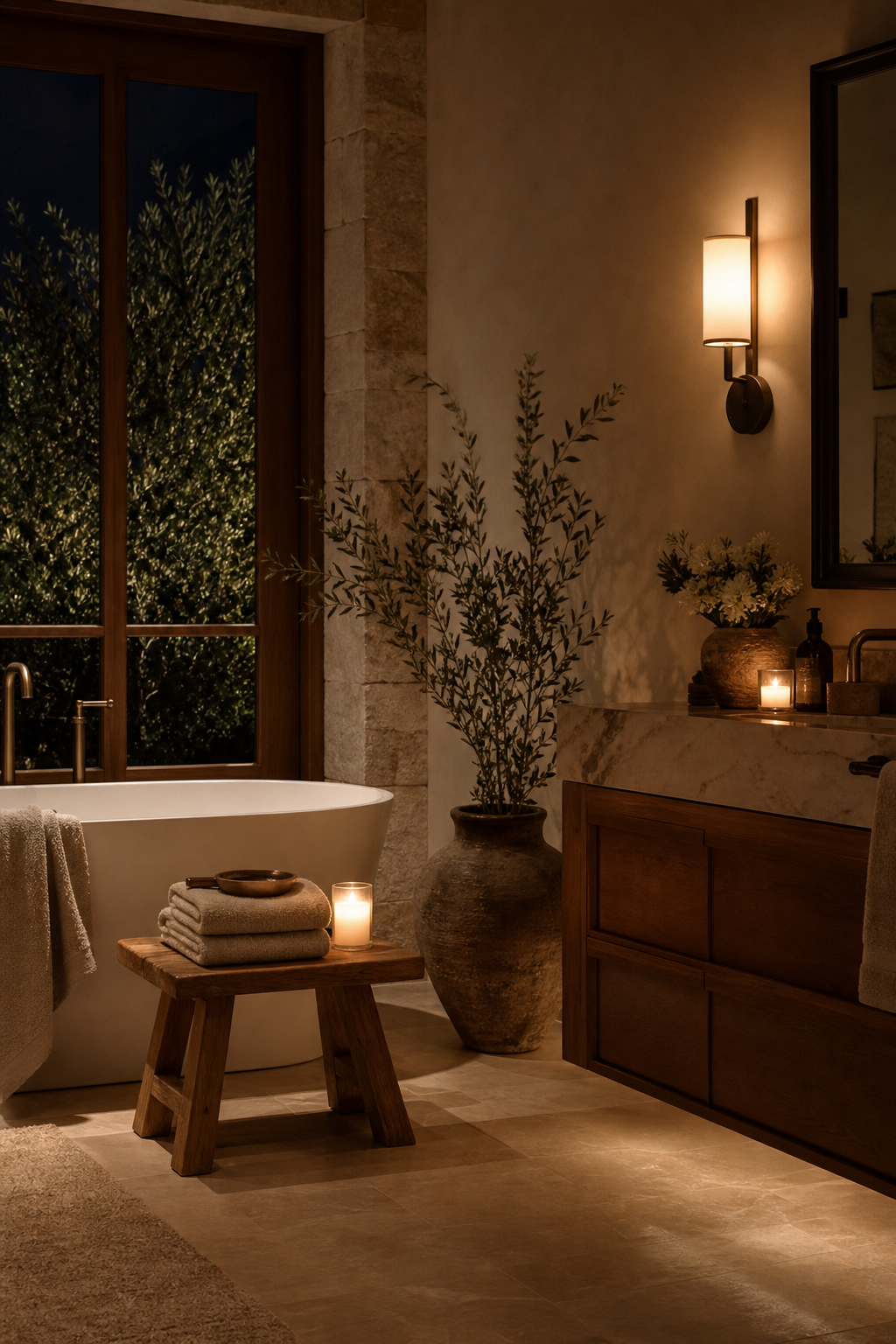 Evening spa bathroom with warm candlelit glow