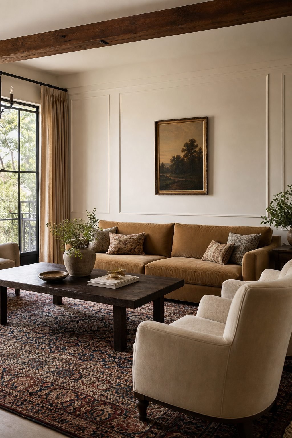 Solid camel 3 seater sofa styled over a large vintage patterned rug in a layered living room