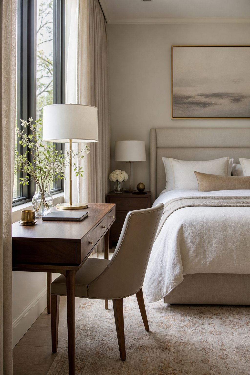 Luxury bedroom with discreet writing desk beside the window