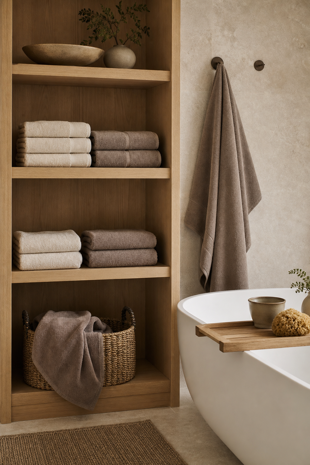 Modern bathroom with folded ivory towels on oak shelves and a freestanding tub nearby