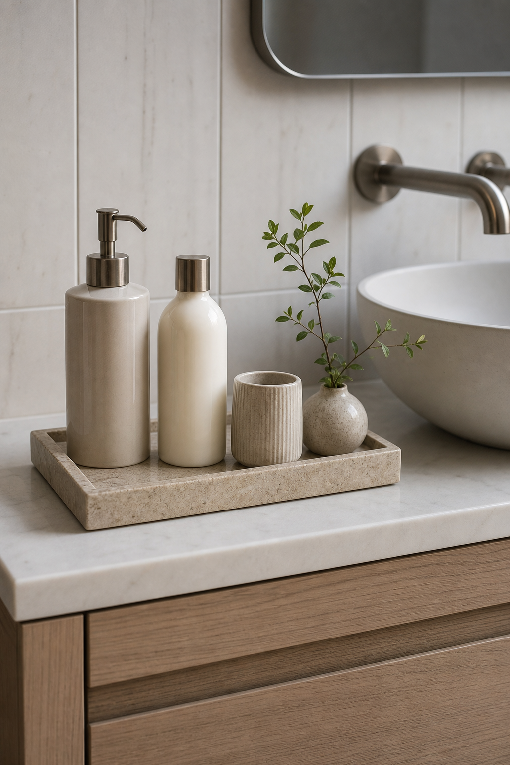 Small bathroom vanity tray organizing soap and small decor
