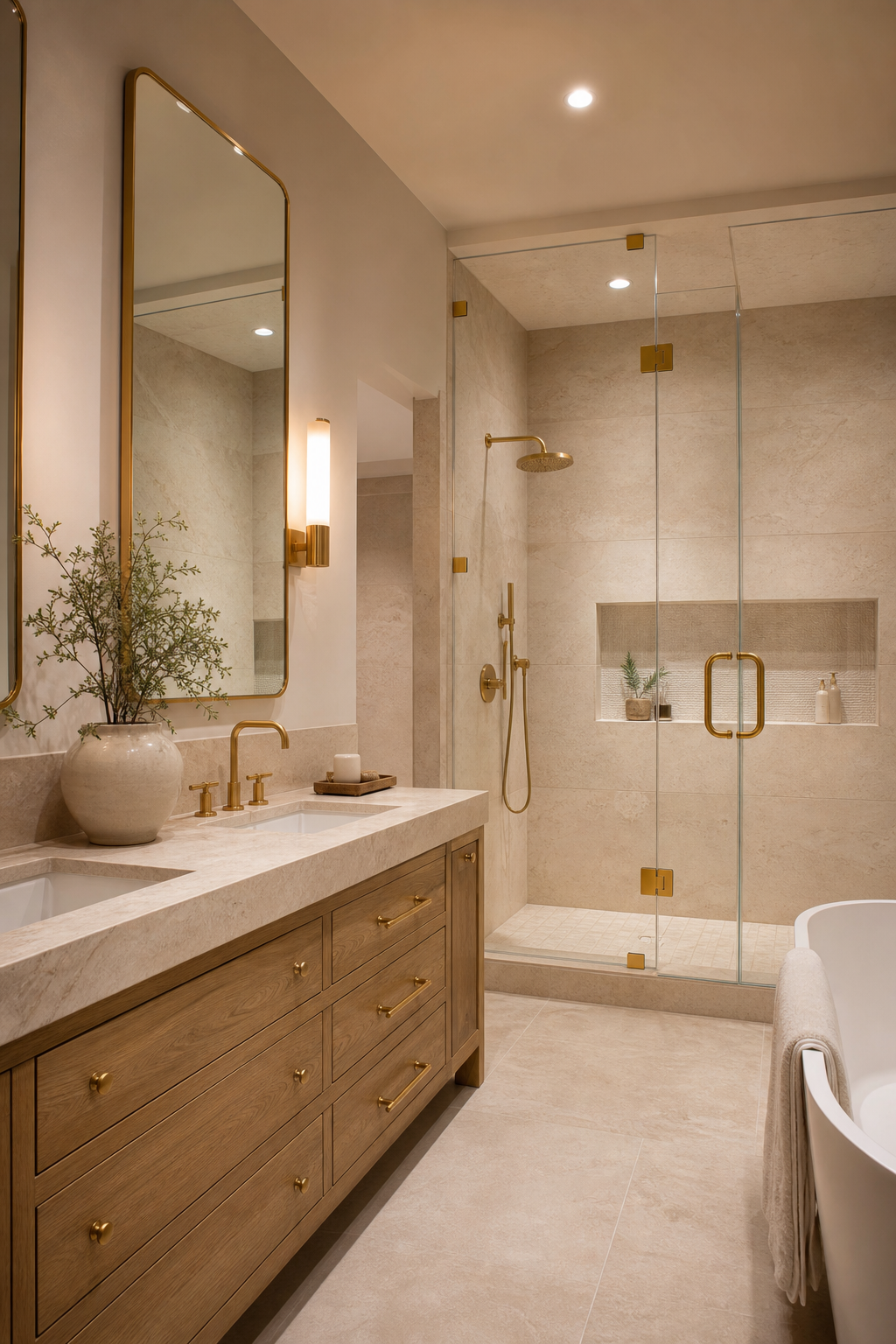 Brushed brass fixtures in a spa-like master bath