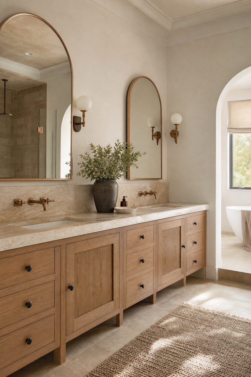 use arched mirrors to soften the room in a cozy spa-like bathroom