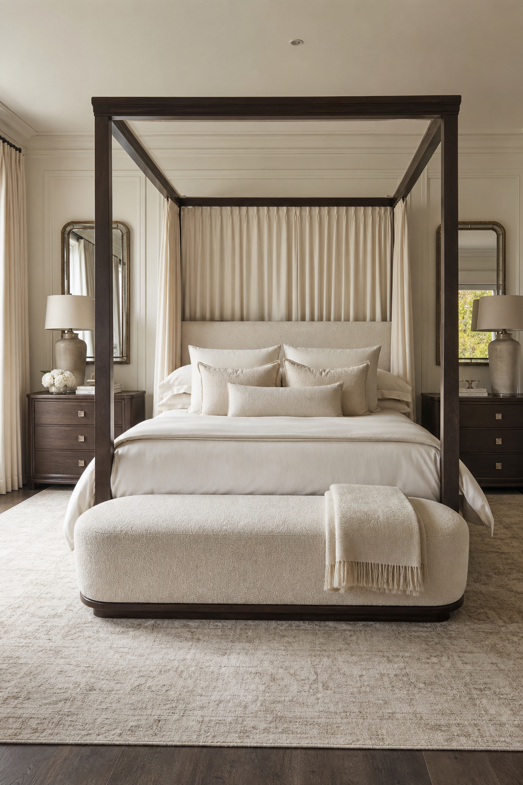 Canopy bed with a low upholstered bench at the foot