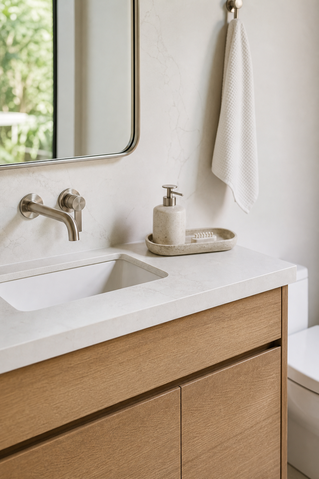 Clear tiny bathroom counter with simple soap and small tray