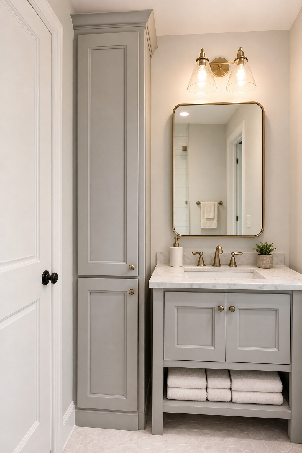 Small bathroom interior idea with add a tall narrow cabinet beside the vanity