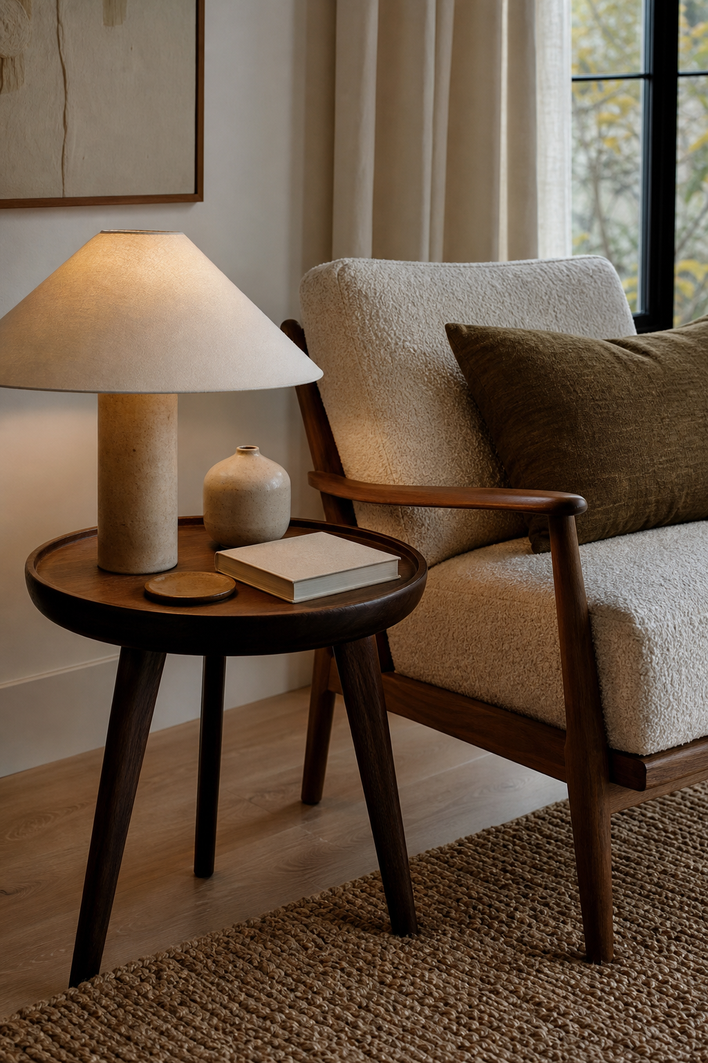 Cozy living room side table with lamp and ceramic vessel
