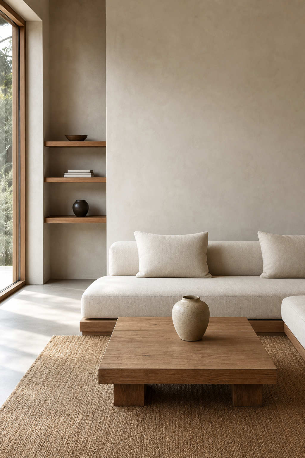 Japandi living room with intentional negative space and uncluttered styling