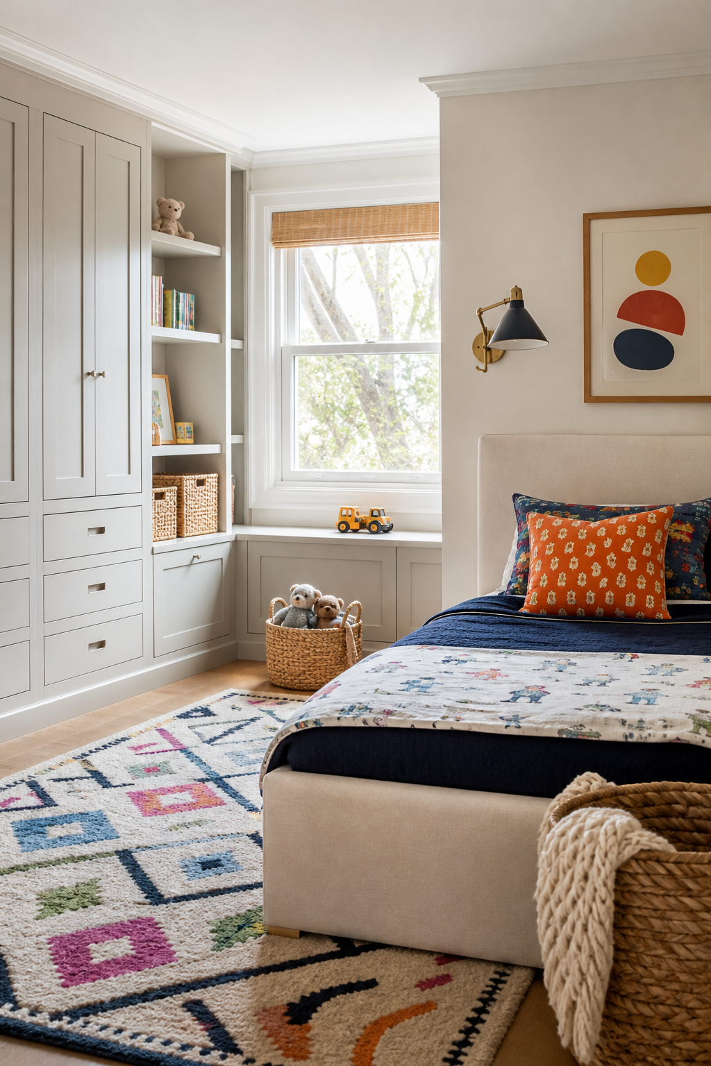 Sophisticated child's room with built-in storage, patterned rug, and playful bedding