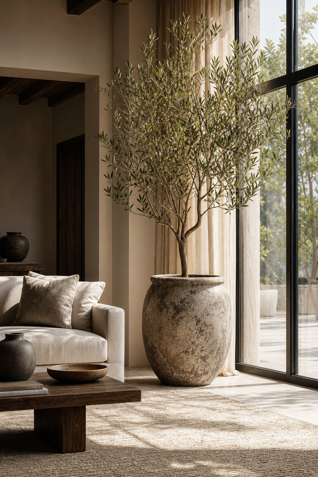 Contemporary living room with tall olive tree in architectural stone planter
