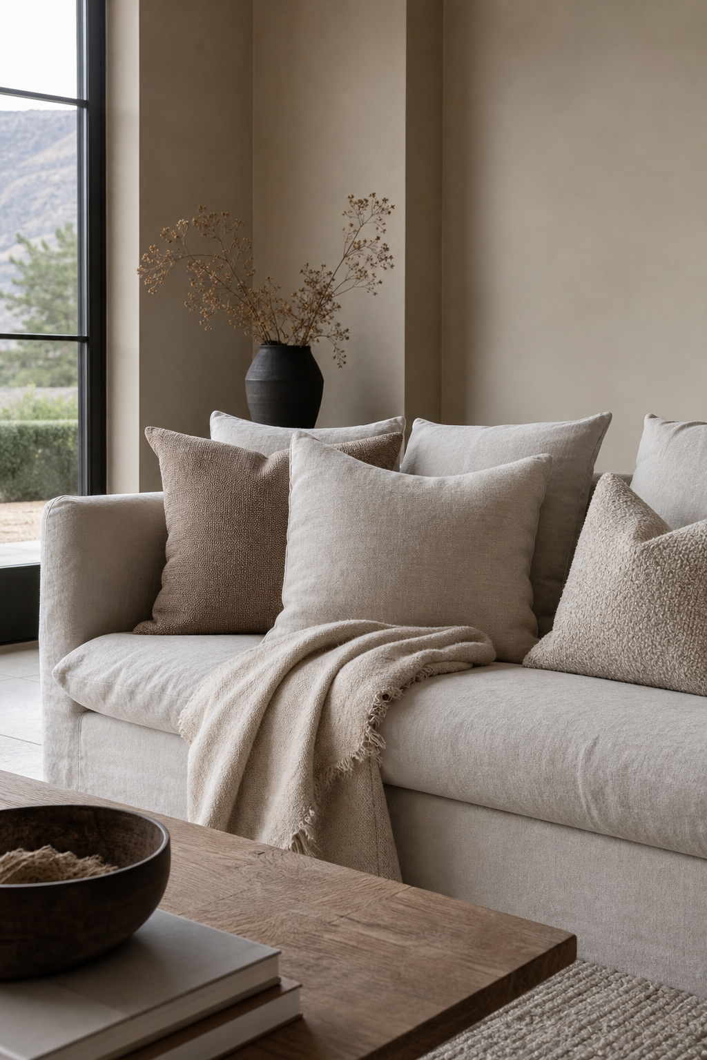 keep pillows tonal but textural in a cozy minimalist living room
