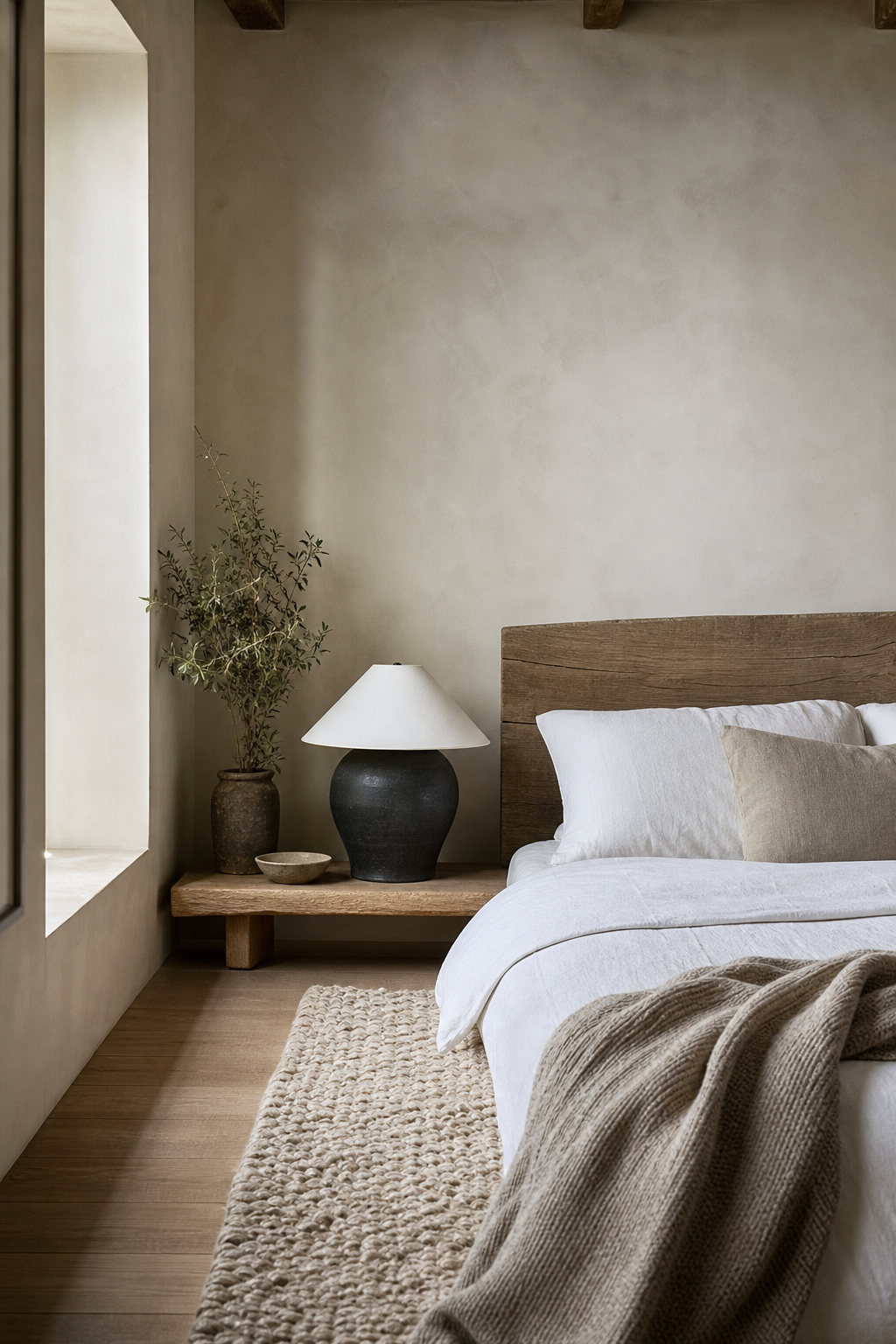 Japandi bedroom balancing smooth plaster and rough natural textures