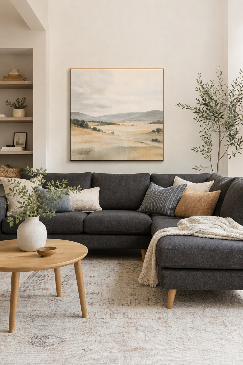 Dark grey couch styling idea with balance it with light walls and trim