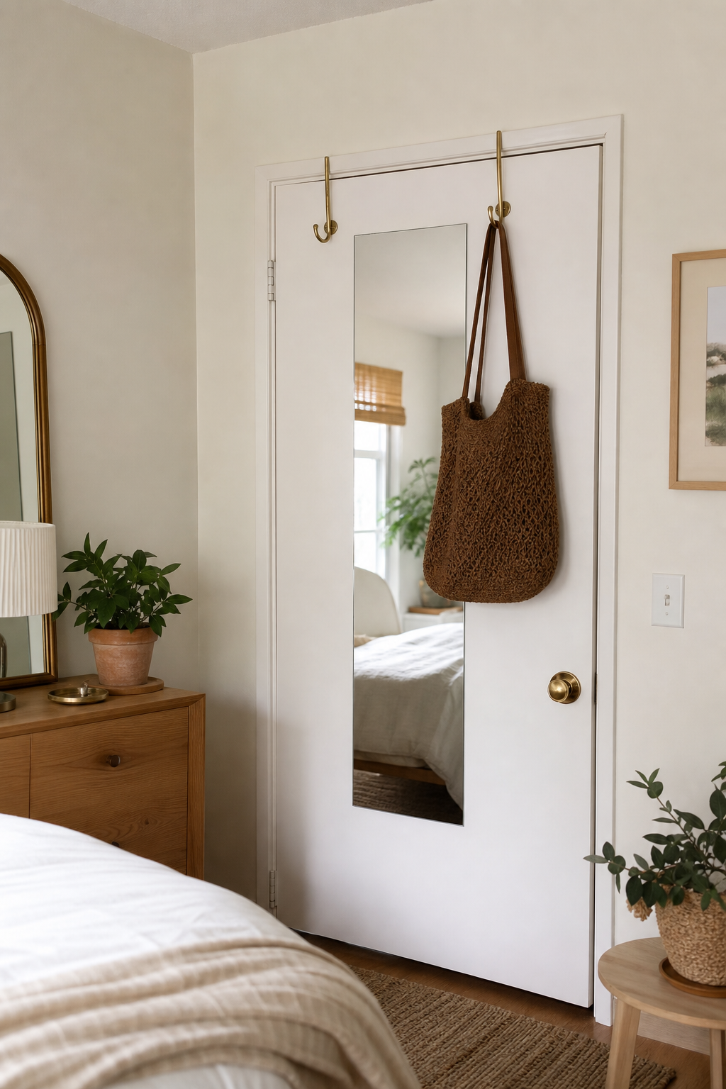 Closet door styled with brass hooks, a slim mirror, and woven bag