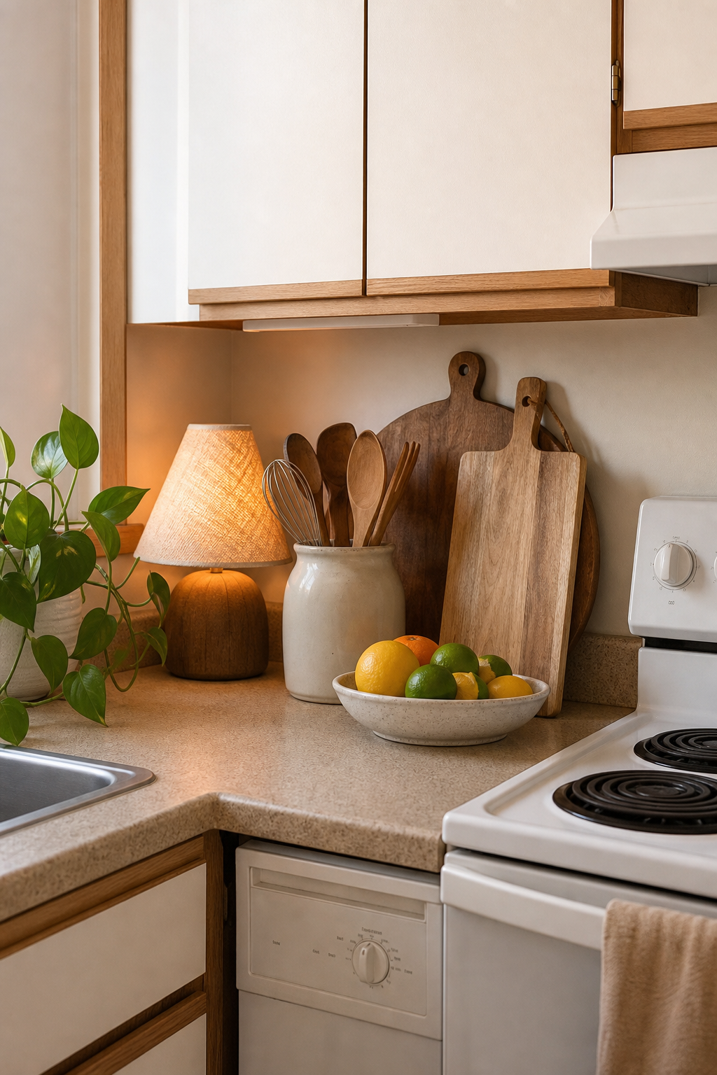 Rental kitchen counter edited with wood boards ceramics and small lamp