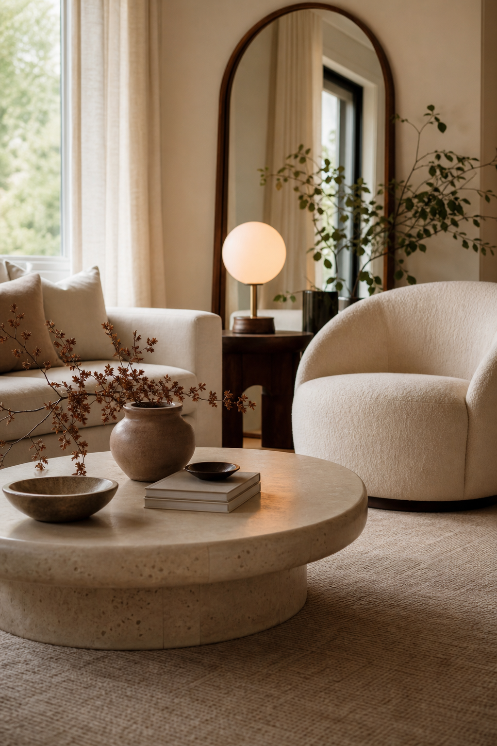 Cozy living room with rounded coffee table, curved lounge chair, arched mirror, globe lamp, soft neutral palette