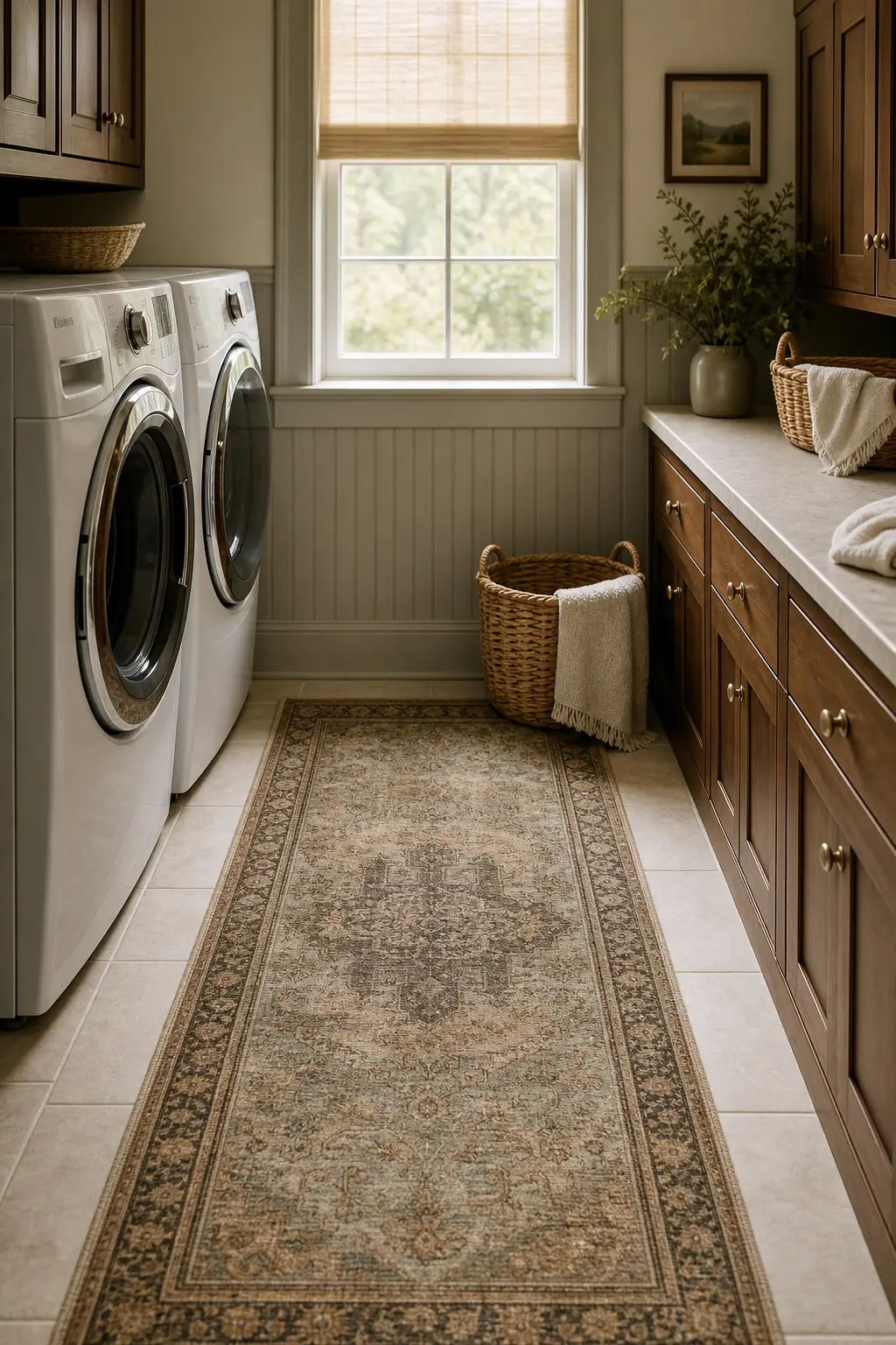 Laundry room with vintage runner rug in front of appliances